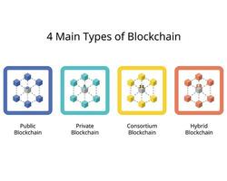 Different Types of Blockchain Networks such as private blockchain, public block chain, consortium and hybrid vector