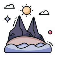 A unique design icon of mountains with sun showcasing hills weather vector