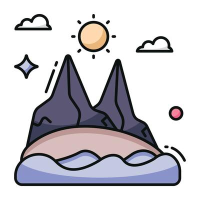 A unique design icon of mountains with sun showcasing hills weather
