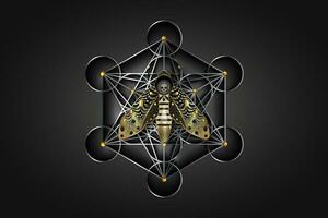 Metatrons cube on The death's head moth in dark gold colors. Sacred Geometry. Night mystical butterfly with a skull. Luxury vector illustration of Acherontia winged insect isolated on black background