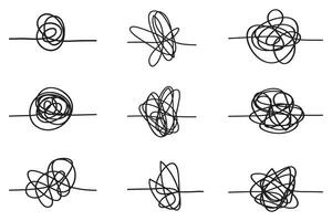 Set of random chaotic lines. Hand drawing insane tangled scribble clew. Vector icon isolated on white background.