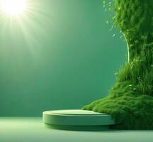 AI generated 3d render of green podium for product display with grass and sun rays photo