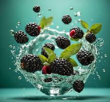 AI generated Blackberries in water splashes with mint leaves on an aqua background photo