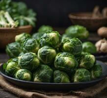 AI generated Fresh brussels sprouts on rustic wooden background, selective focus photo