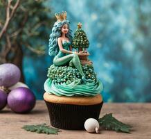 AI generated Christmas cupcake with beautiful mermaid and christmas tree on top photo