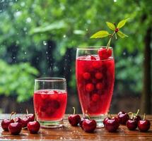 AI generated Cherry juice in a glass and fresh cherries on wooden table photo