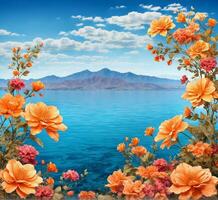 AI generated Beautiful summer flowers on the background of the sea and mountains. photo