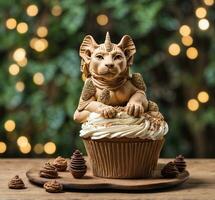 AI generated Cupcake with a lion in the form of a cat on the background of the Christmas tree photo