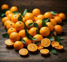 AI generated Ripe oranges on the tree in the garden. Shallow depth of field. photo