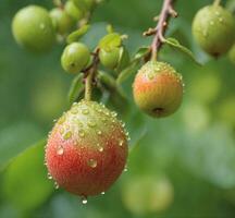 AI generated Close up of wet apples on a tree branch with dew drops photo