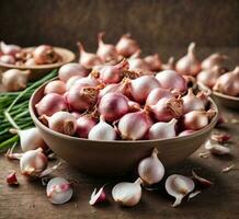 AI generated Fresh shallots and garlic on rustic wooden background, selective focus photo