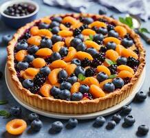 AI generated Homemade tart with blueberries and apricots, selective focus. photo