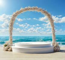 AI generated 3d render of white podium with sea and blue sky background. photo