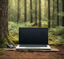 AI generated Laptop with blank screen on the forest floor. Freelance or remote work concept. photo