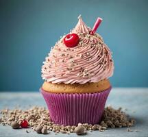 AI generated Cupcake with pink cream and fresh raspberries on a wooden table photo