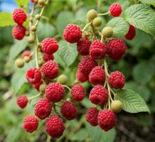 AI generated Raspberry bush with ripe berries on a sunny summer day, close-up photo