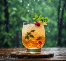 AI generated Cocktail with cherry and mint on a wooden table in the rain photo