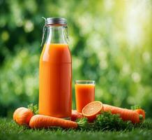 AI generated Bottle of carrot juice with fresh carrots on green grass in the garden photo