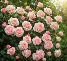 ai generado hermosa rosado rosas floreciente en el jardín. floral antecedentes foto