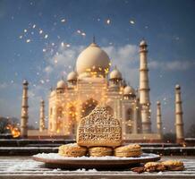 ai generado galletas en el forma de un corazón en el antecedentes de el taj mahal foto