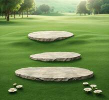 AI generated 3d render of stone steps on green grass with daisies photo