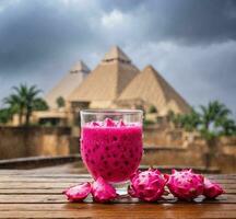 ai generado continuar Fruta batidos en un de madera mesa en frente de el giza pirámides foto