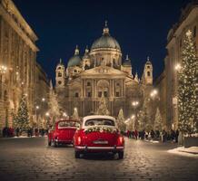 AI generated Red vintage car with christmas tree in front of St. Stephen's Basilica. photo