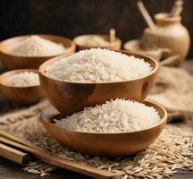 AI generated Rice in wooden bowl on rustic wooden background, selective focus photo