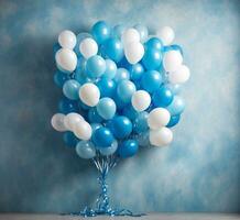 AI generated Blue and white balloons on a blue background with space for your text photo