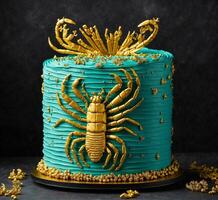 ai generado cumpleaños pastel con un dorado escorpión en un oscuro antecedentes. foto