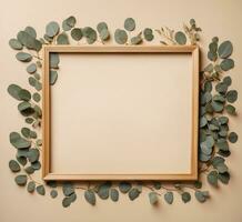 AI generated Wooden frame with eucalyptus branches on beige background photo