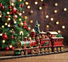 ai generado Navidad juguete tren con Navidad árbol en bokeh antecedentes. foto