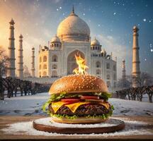 ai generado hamburguesa en nieve fondo, taj mahal, agra, India foto