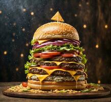 AI generated Double cheeseburger on a wooden table. Toned image with space for text photo