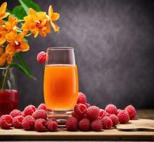 ai generado un vaso de frambuesa jugo con Fresco frambuesas y orquídeas en un de madera mesa foto