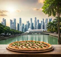 AI generated Pizza on a wooden table in front of skyscrapers in Singapore photo