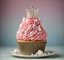 AI generated Cupcake with pink cream and fresh raspberries on a wooden table photo