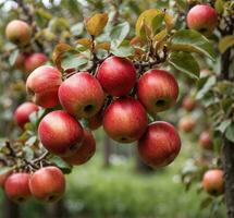 AI generated Ripe apples on a tree branch in an orchard in autumn photo