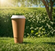 AI generated Disposable coffee cup on green grass background. Copy space. photo