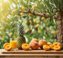 AI generated Fresh peach and pineapple juice in glass on wooden table. Summer fruit background photo