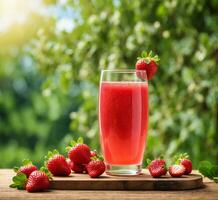 ai generado un vaso de Fresco jugo con rojo grosellas y naranjas en un de madera antecedentes foto