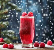 AI generated Raspberry smoothie in a glass on a wooden table, winter background photo