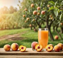 AI generated A glass of peach juice and ripe peaches on a wooden table in orchard photo