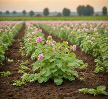 ai generado patata campo con floreciente rosado flores en soleado verano día. foto