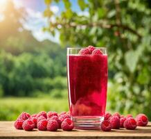 AI generated Raspberry smoothie in glass with fresh berries on wooden table in garden photo