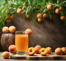 AI generated A glass of peach juice and ripe peaches on a wooden table in orchard photo