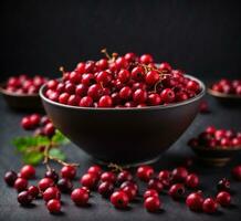 AI generated Fresh red cranberries in a bowl on a black background. Selective focus. photo