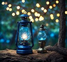 AI generated Lantern on old wood with blurred bokeh lights background photo