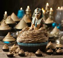 AI generated Cupcake with egyptian god pharaoh on wooden background photo