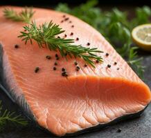 ai generado crudo salmón filete con eneldo, limón y pimienta en un negro antecedentes foto